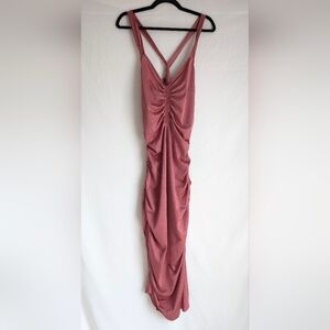 Free People Ruched Slip Midi Dress Coral Pink Bodycon Draped Asymmetrical